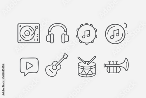 Linear icon set about music and instruments: turntable, headphones, tambourine, musical notes, guitar, drum, trumpet, and play button. Perfect for sound, culture, and entertainment projects.