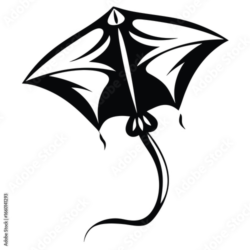 Stylized black and white vector drawing of a decorative kite flying high