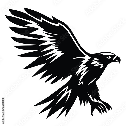 Majestic eagle in soaring flight with bold black and white vector design
