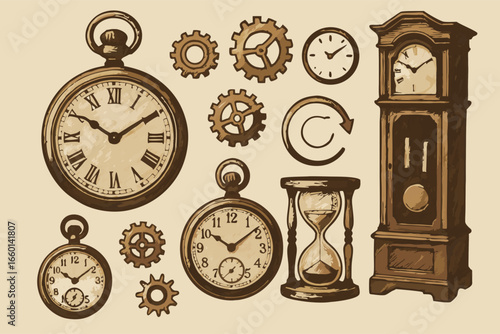 Time Elements Illustration: Clocks, Gears, and Sandglass