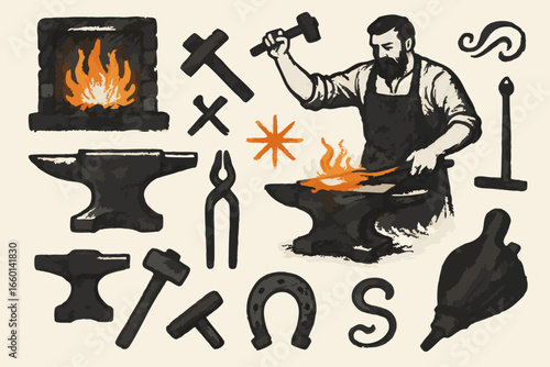 Blacksmith at Work Illustration, Forge and Tools