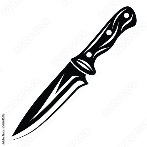 Stylized monochrome image of a knife with ornate handle and sharp blade