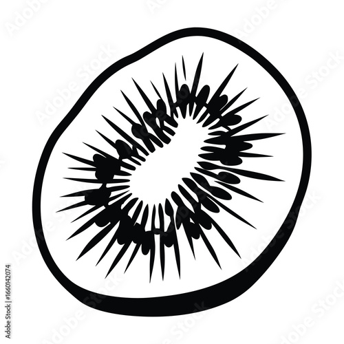 Abstract Monochrome Slice of Kiwi Fruit with Detailed Seed Pattern