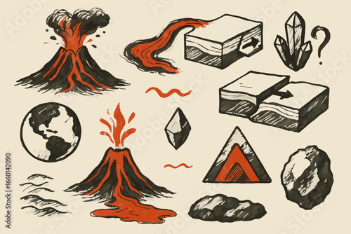 Geology Sketch: Volcanoes, Fault Lines, and Earth Science Elements, Illustration