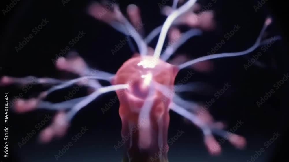 Close-up of a plasma globe's central electrode, showcasing vibrant, branching electric discharges emanating from its surface against a dark backdrop