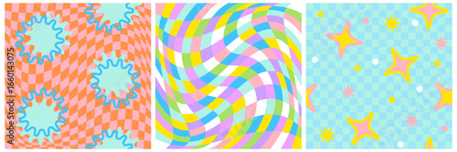 Funky Abstract Colorful Retro Patterns. Seamless Vector Pattern With Wavy Grid And Kidcore Style Abstract Elements. Psychedelic Geometric Print In Dopamine Colors Perfect for Stationary, Fabric. 