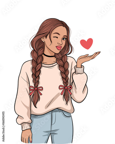 Girl blowing heart kiss, braided hairstyle, romantic mood, hand drawn vector portrait, sticker and t shirt design
