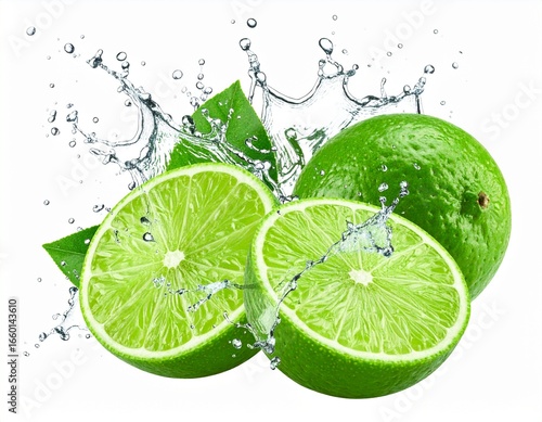 Fresh Lime Slice with Water Droplets on Pure White Background - Top Down, Hyperrealistic, Copy Space