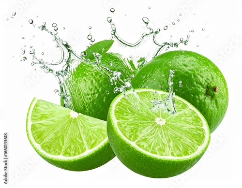 Fresh Lime Slice with Water Droplets on Pure White Background - Top Down, Hyperrealistic, Copy Space