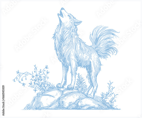 Detailed Illustration of a Howling Wolf Standing Atop Rocks with Foliage