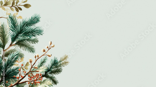 Watercolor Christmas pine branches with berries and fruits on light blue background, minimalist festive decoration for wallpaper, poster, greeting card, creating serene elegant holiday vibe.