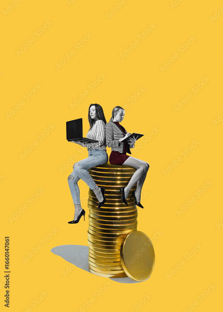 Naklejka premium Art collage. coins stack and two businesswomen woman with lapetops, isolated on free yellow background - successfully into the financial future.
