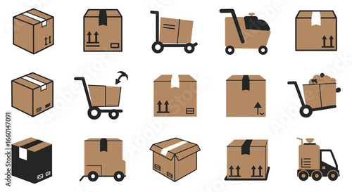Brown cardboard boxes and shipping carts for moving and delivery