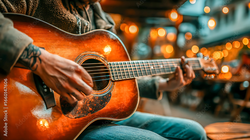Obraz premium Musician playing acoustic guitar in a warm light bokeh