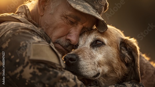 Emotional photo of retired American veteran in uniform hugging service dog with tears of joy under warm golden sunlight, symbolizing loyalty, healing, and bond after military service