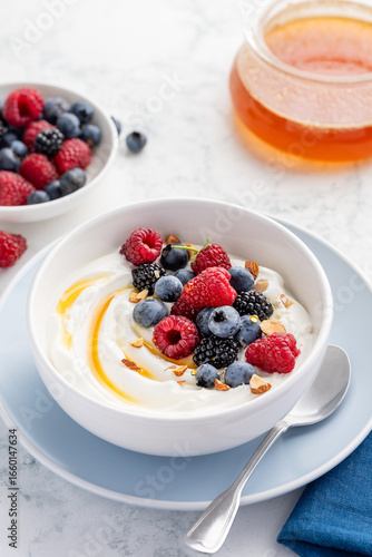 A healthy  delicious breakfast or snack. Bowl with greek yogurt, raspberries, blueberries, blackberries,  almonds and honey.