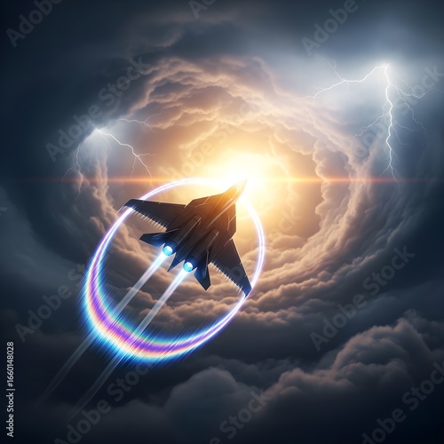 Futuristic Jet Soaring Through Turbulent Skies With Dazzling Afterburner Trail And Looming Lightning