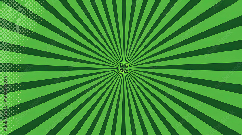 Obraz premium Green comic pop art background with radial sunburst effect and halftone texture, abstract retro vector illustration backdrop