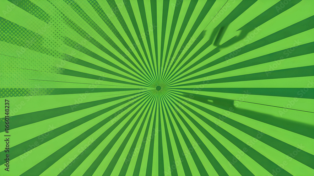 Fototapeta premium Abstract green radial background with a vintage sunburst pattern and retro comic style halftone texture