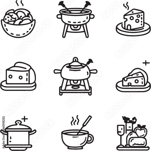 Cheese Fondue black Line Editable Icons set