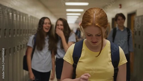 Schoolgirl being bullied in hallway by classmates