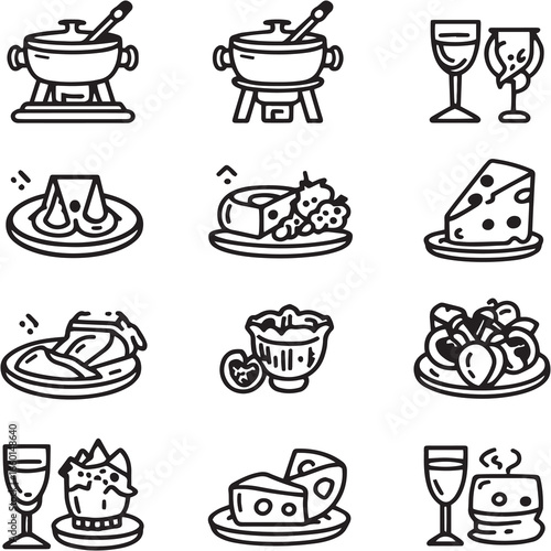 Cheese Fondue black Line Editable Icons set