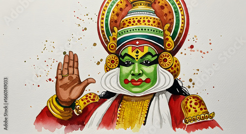 Kathakali dancer watercolor painting art illustration festival Kerala India culture tradition makeup face gesture hand beautiful design