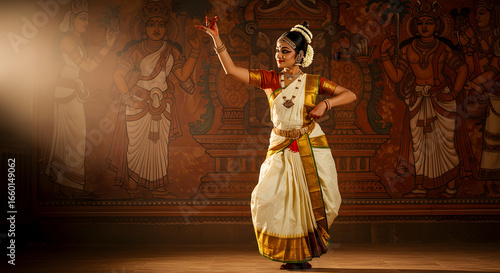 Mohiniyattam dancer woman performance art culture Kerala India tradition saree grace beautiful mural stage light classical dance background