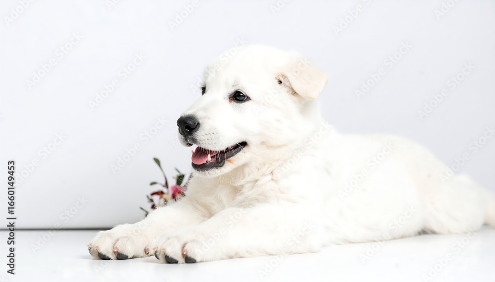 Fototapeta premium A white puppy lies peacefully, its mouth open slightly, in a setting with a soft background.