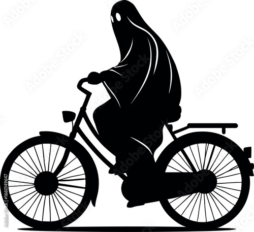 Silhouette of a person in a burqa riding a bicycle isolated on white background