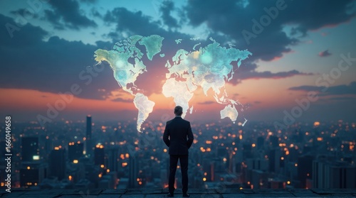Professional Man Standing Over Cityscape Watching Digital World Map at Dusk
