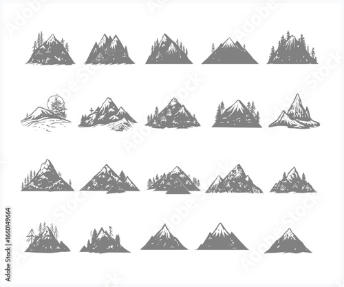Collection of Gray Scale Mountain Illustrations with Trees on a White Background