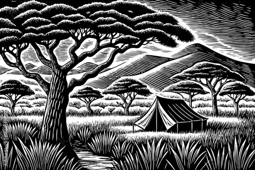 Safari tent in African savanna with acacia trees and distant mountains, black and white line art illustration