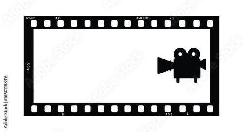 A film strip with a cartoon camera icon on a white background