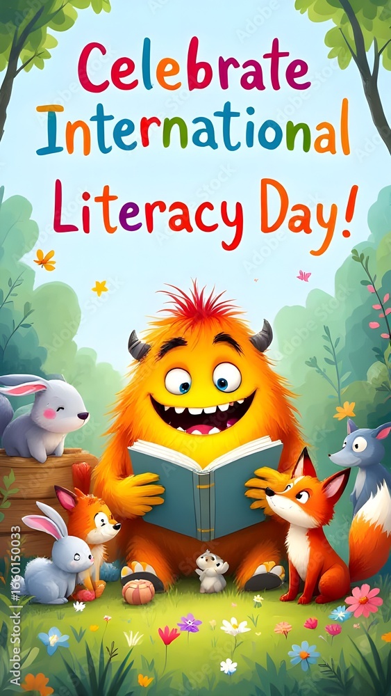 Naklejka premium Cartoon monster reading a book with animal friends in a whimsical forest setting illustration art