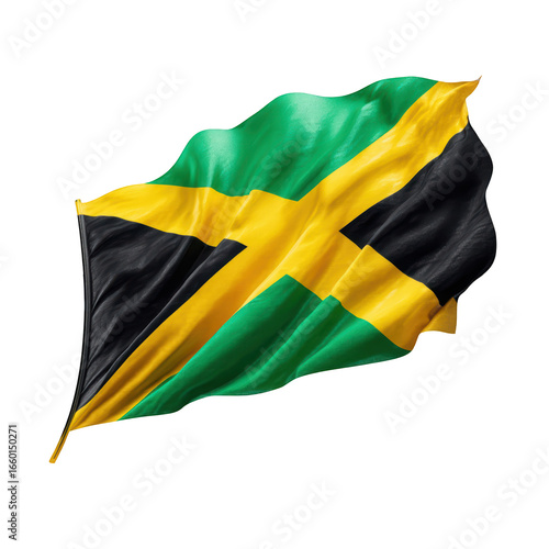 Vibrant Jamaican flag waving against black background