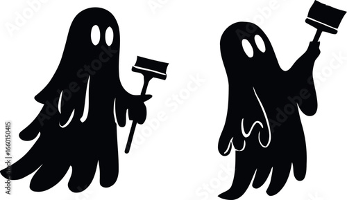 Two black ghost silhouettes holding paint brushes isolated on white background