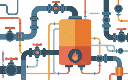 Abstract illustration of a modern heating system with boiler pipes and valves ideal for industrial designs or presentations about plumbing and home maintenance