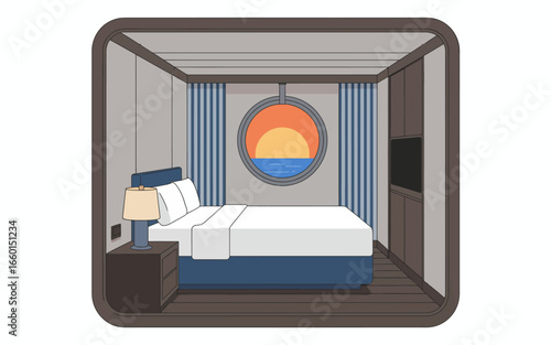 Cozy cruise ship cabin interior with ocean view through round window and soft lighting for relaxation and peaceful voyage experience