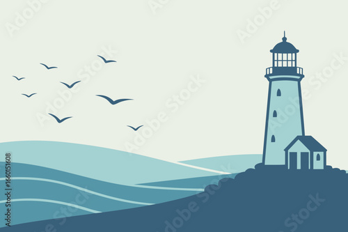  Lighthouse on a Hill with Sea and Flying Birds - Vector Illustration