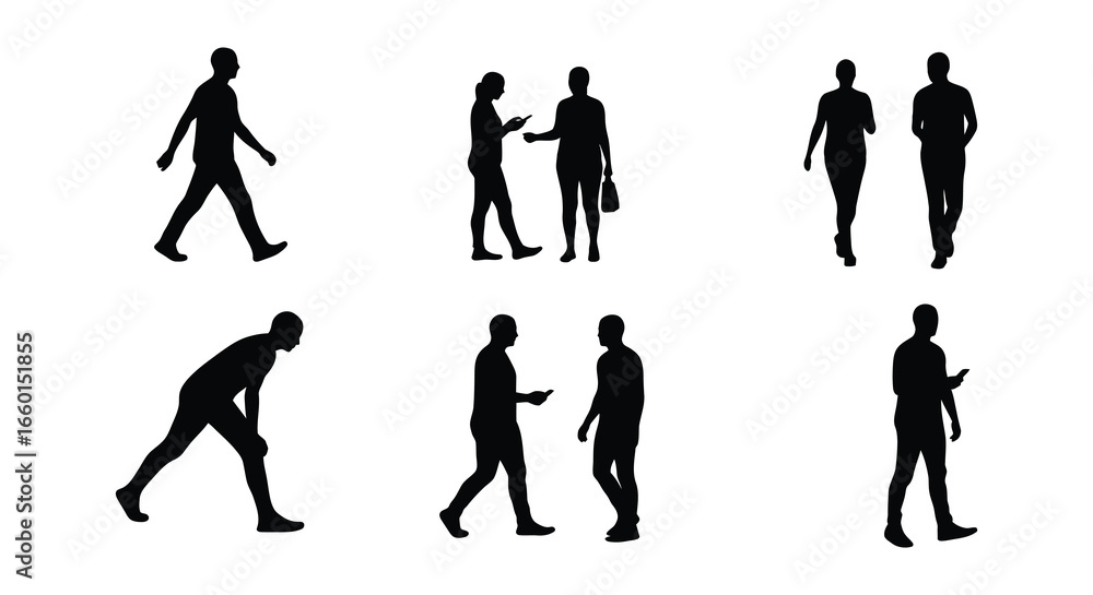 Naklejka premium Collection of various black silhouettes of people walking and interacting in different poses