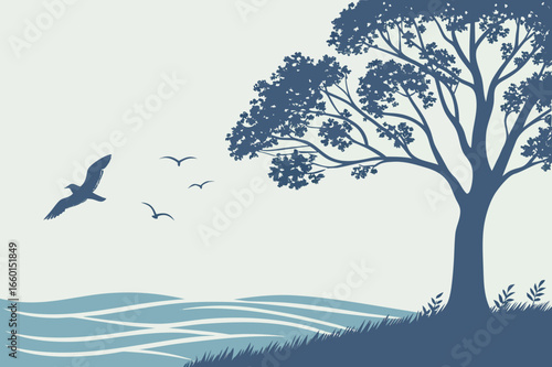 Flying Birds Over the Sea with Tree on Shore - Vector Art