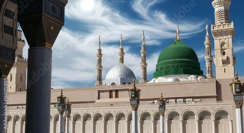 Majestic Prophet's Mosque Medina Saudi Arabia Grand Islamic Architecture Green Dome Serene Spiritual Holy Site Pilgrimage Destination