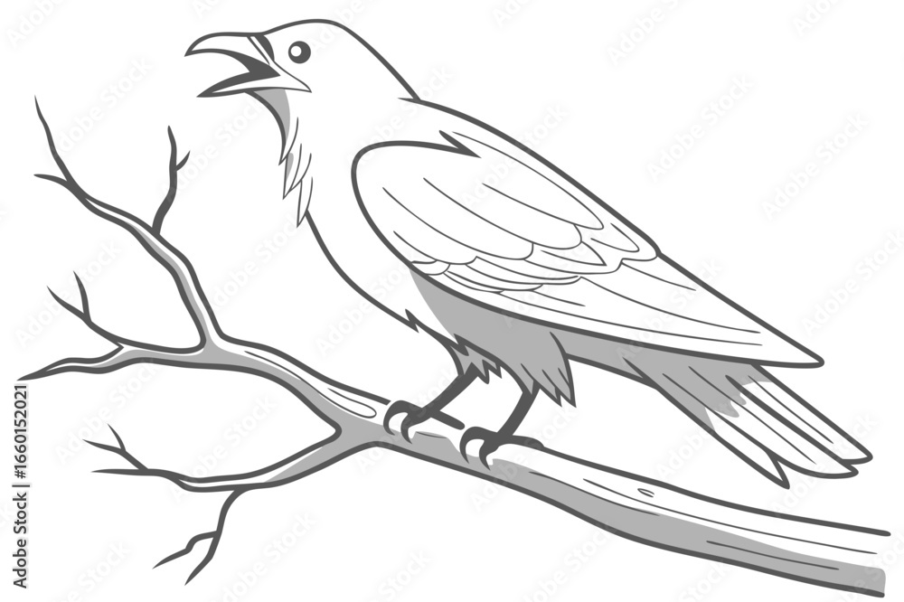 Fototapeta premium Singing Crow or Raven on a Branch - Vector Illustration