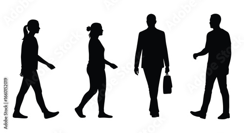 Silhouettes of people walking in different poses and directions together