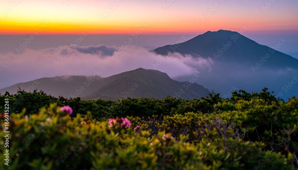 Obraz premium A breathtaking vista of a mountain range at sunrise, with colorful clouds and lush vegetation at the foreground.