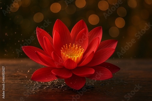 Beautiful Red Lotus on Table with Bokeh Background