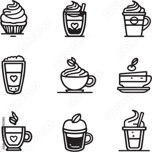 Dalgona Coffee black Line Editable Icons set