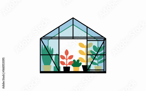 Minimalist Greenhouse Illustration with Potted Plants in Various Colors Graphic Design Concept for Gardening and Sustainable Living Projects