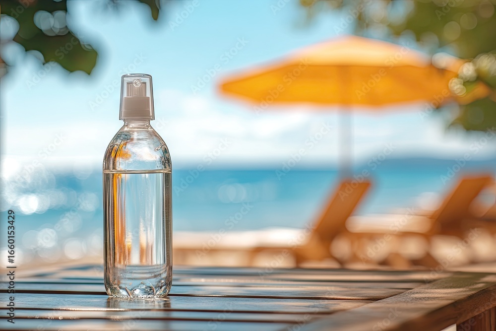 Obraz premium Clear spray bottle on beach table (14)